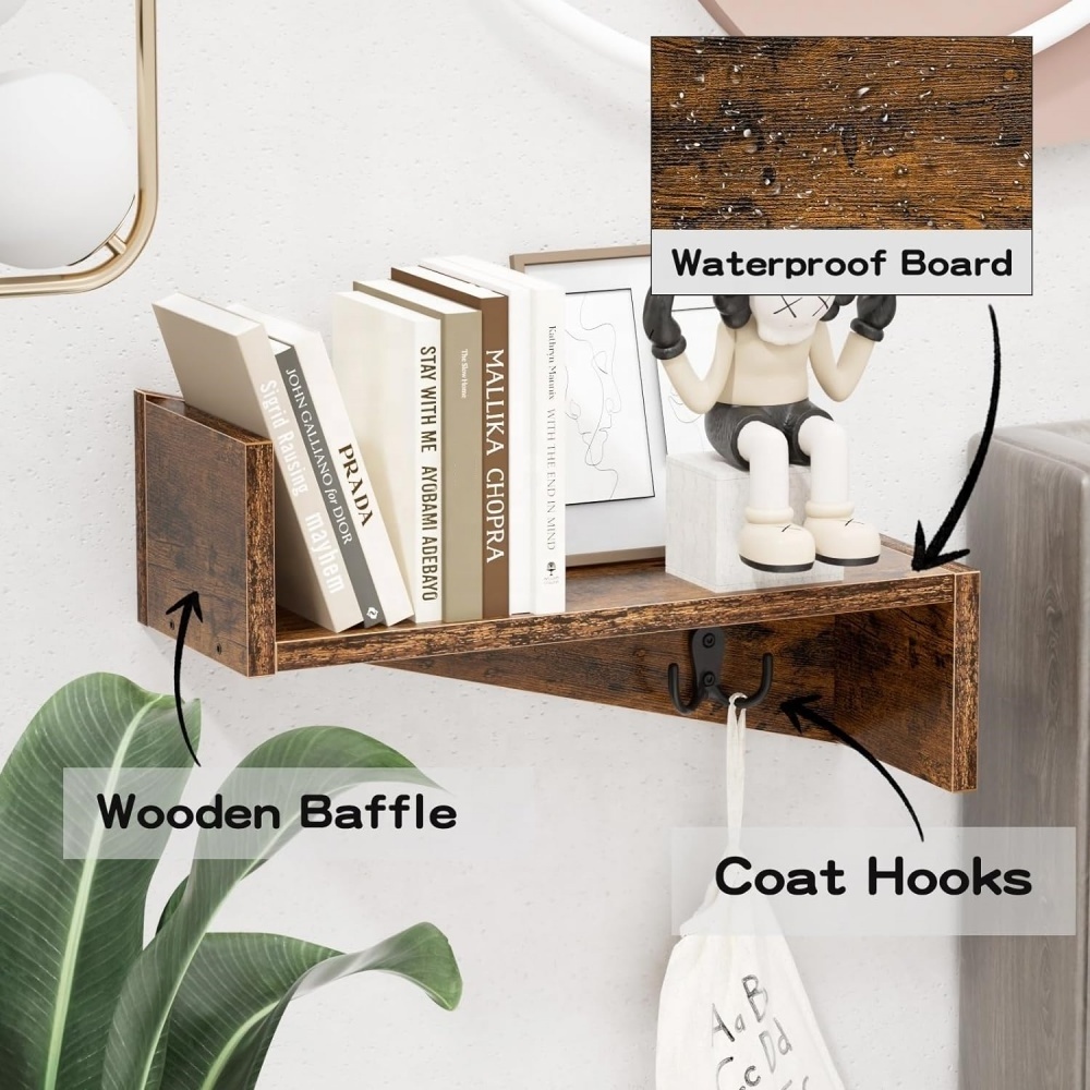 Set of 2 Floating Shelves,Rustic Wood Wall Shelf with Coat Hooks for Home Decor Storage