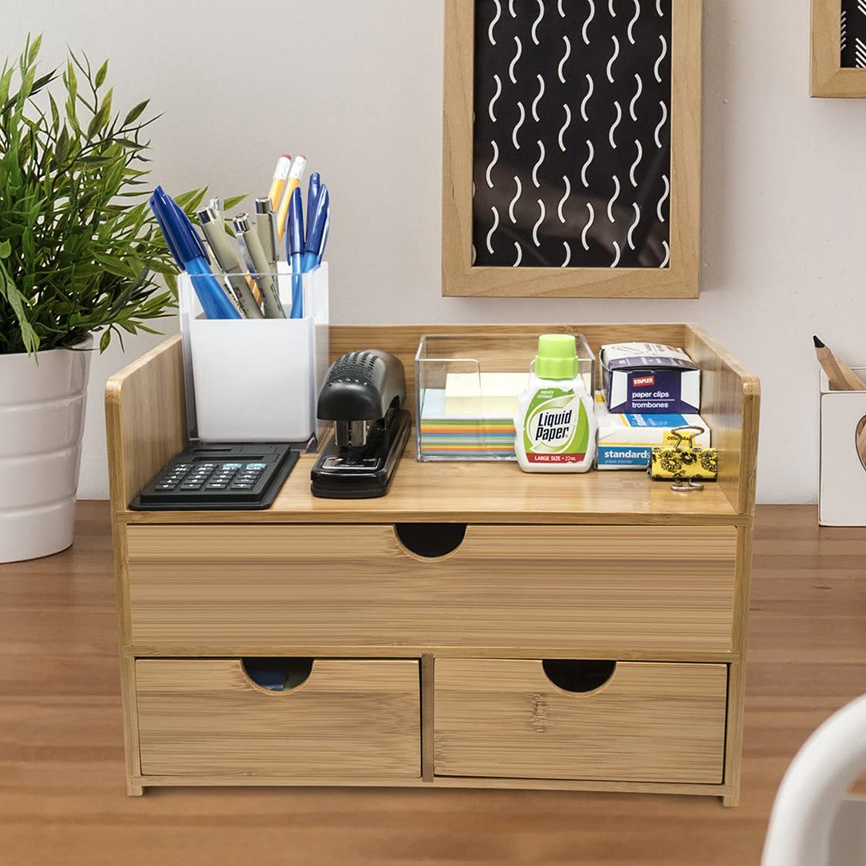 3-Tier Bamboo Shelf Organizer for Desk with Drawers - Mini Desk Storage