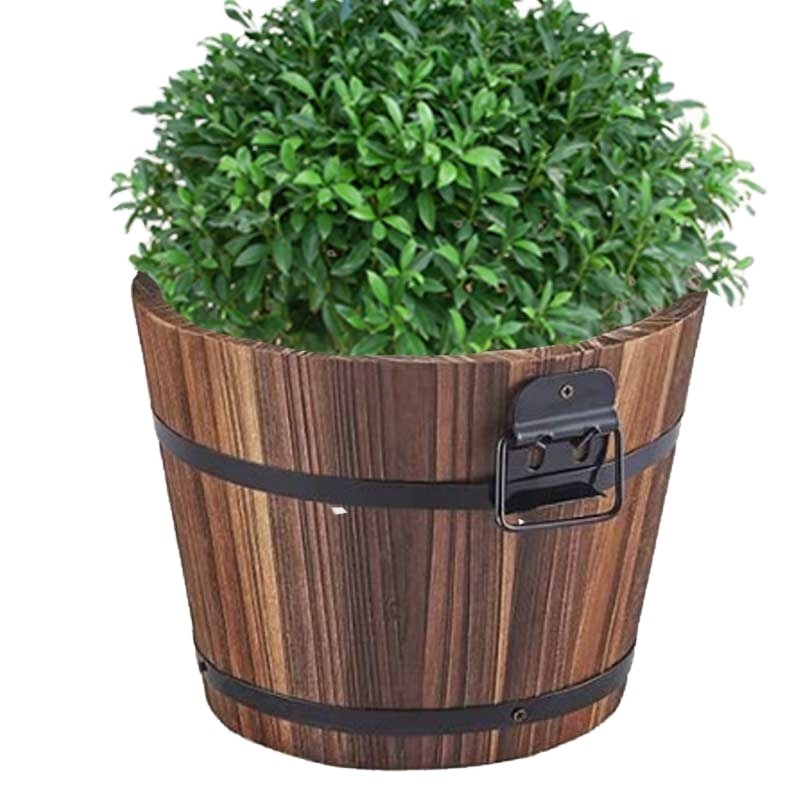 Wooden Planter Buckets Flower Planting Barrel Rustic Patio Planters Flower Pots Cedar Wood Natural for Plants Garden Outdoor