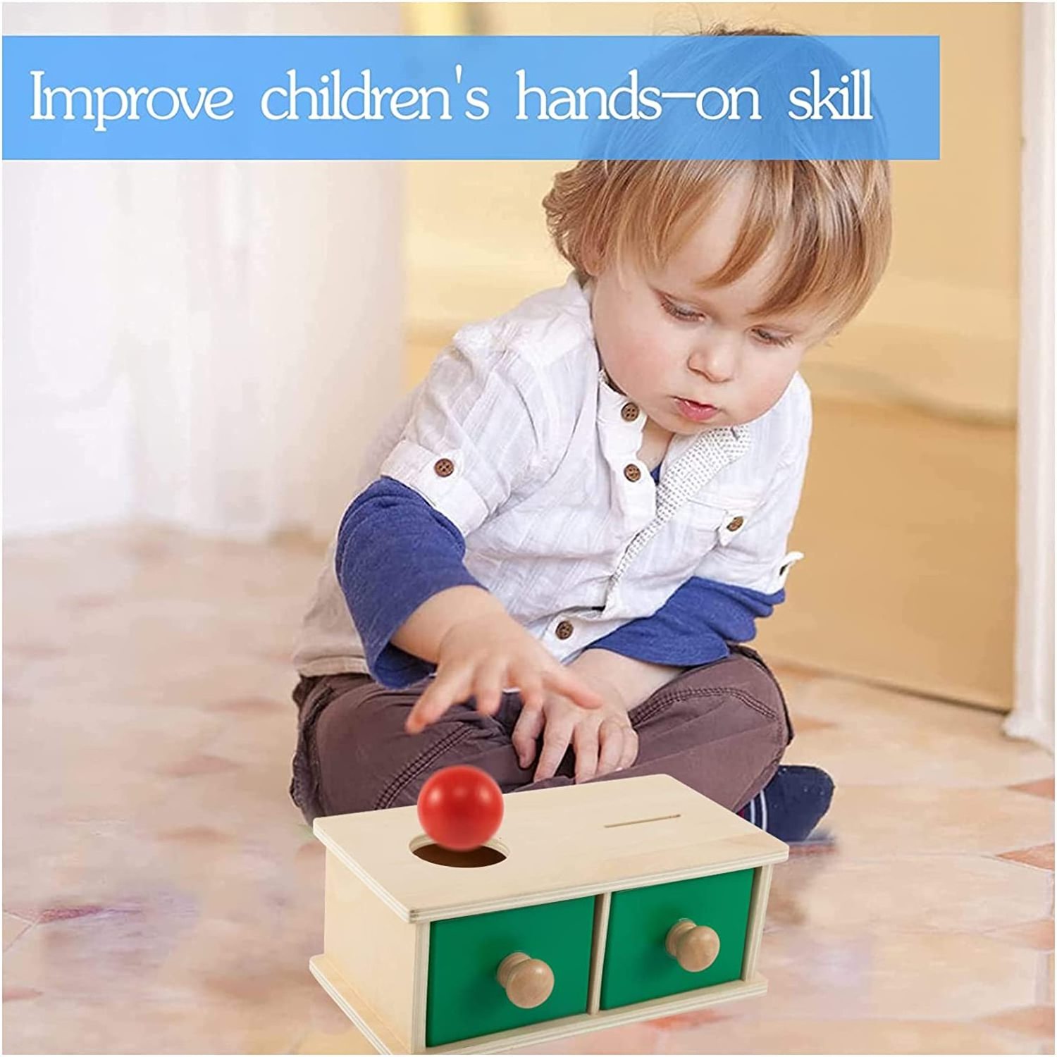 Wooden coin ball matching box 2 drawers 5 coins, 1 wooden ball wooden coin box baby educational toy