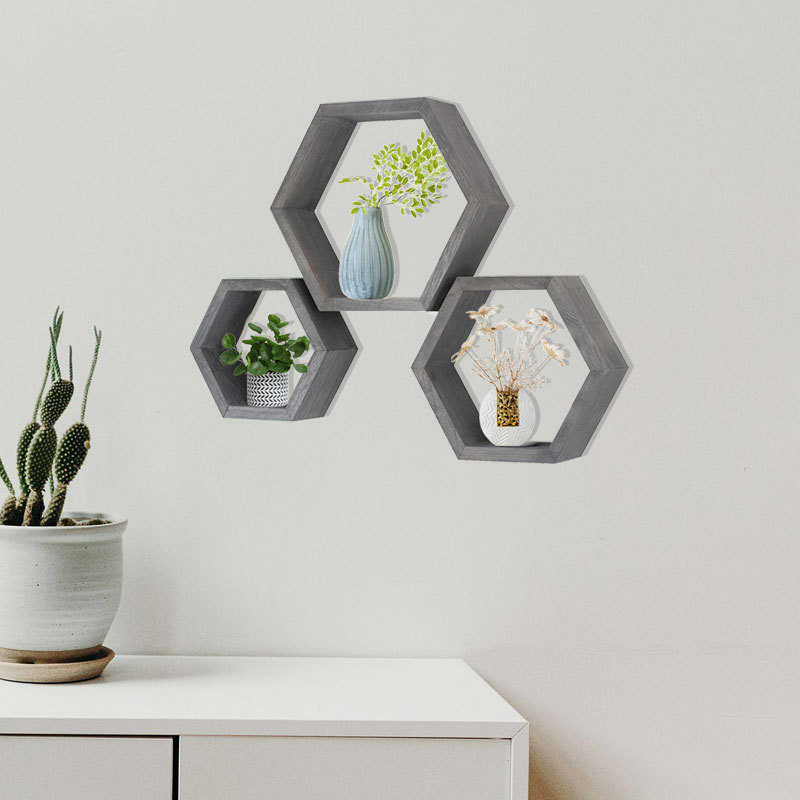 Hexagon Floating Shelves Set 3 Solid Hardwood Construction Honeycomb Shelves Rustic Wood Wall Decor for living room bed room