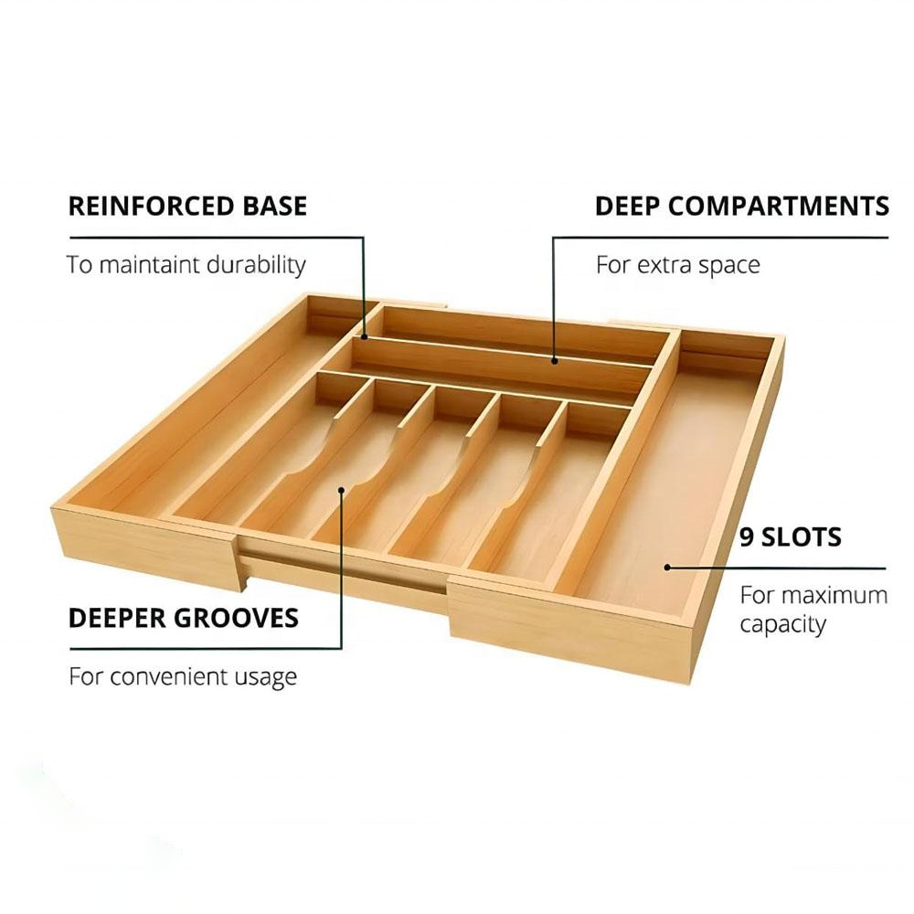 Expandable kitchen utensil trays Bamboo wood drawer organizer Kitchen Drawer Organizer with Reinforced Base