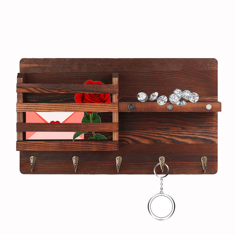 Huashen Wall Mounted Mail Holder Wooden Key Holder Rack Mail Sorter Organizer with 4 Double Key Hooks and A Floating Shelf