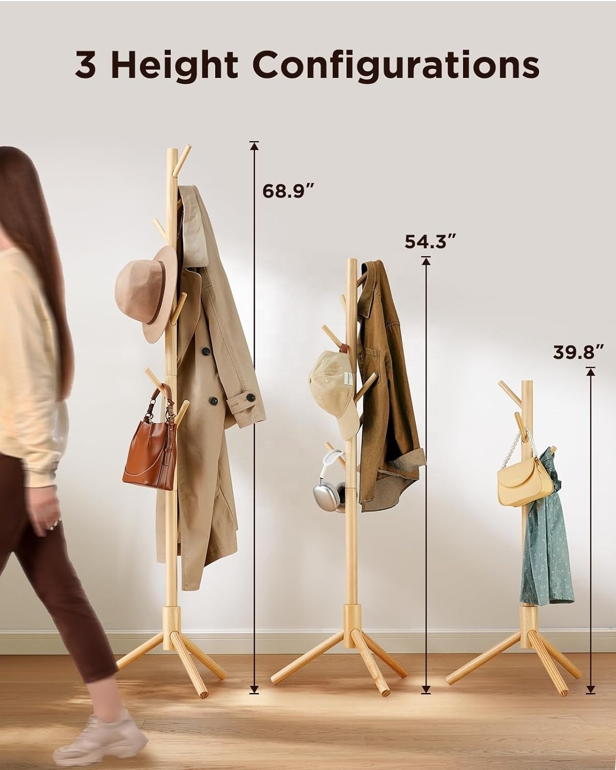 Coat Racks Freestanding Hall Tree Wooden Freestanding Easy to Assemble Tree Suitable for Hanging Clothes Bags Hats Accessories