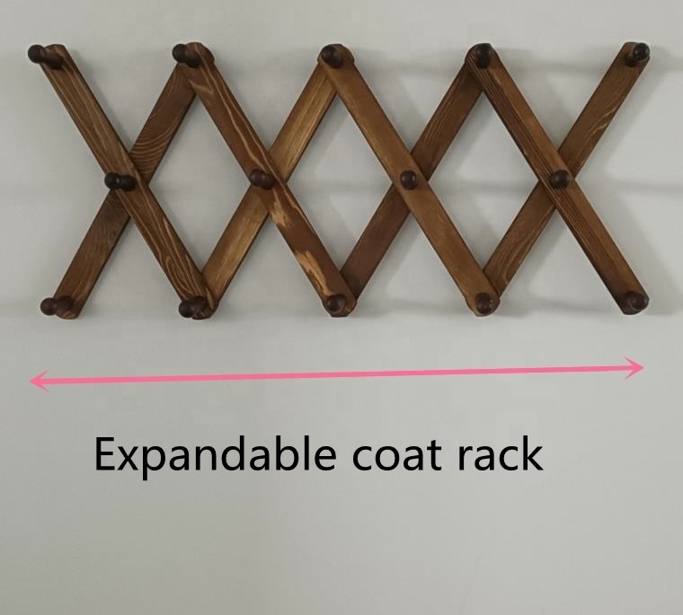 Wall Mounted Pine Wood Hooks Expandable Wooden Coat Rack Hanger with 14 pegs hooks for hat coat bag