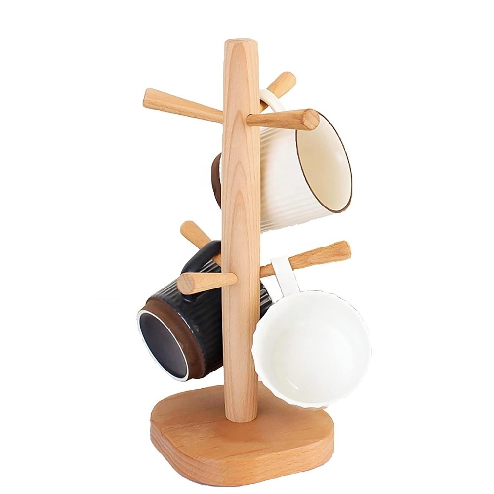 Wood coffee tea mug holder tree cup hanger stand Wooden mug holder tree with 6 hooks coffee cup holder stand mug tree