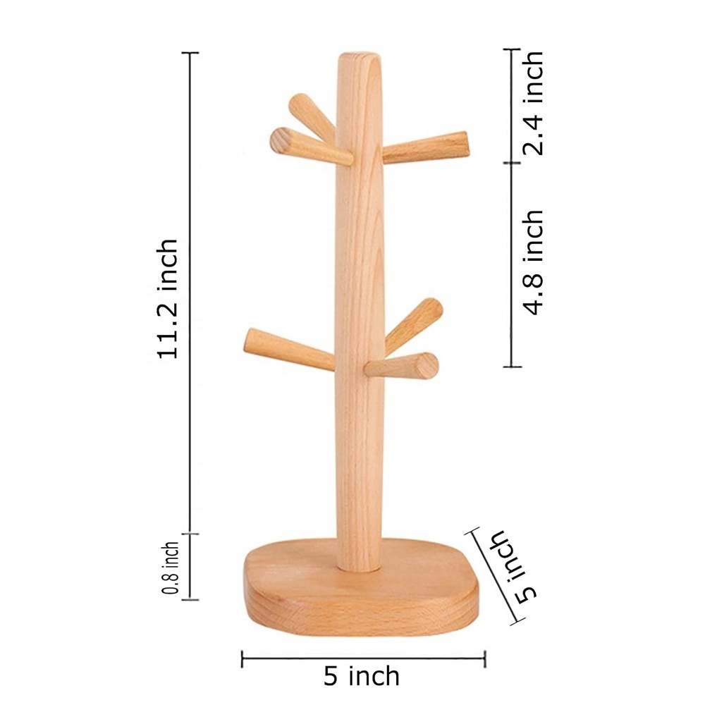 Wood coffee tea mug holder tree cup hanger stand Wooden mug holder tree with 6 hooks coffee cup holder stand mug tree