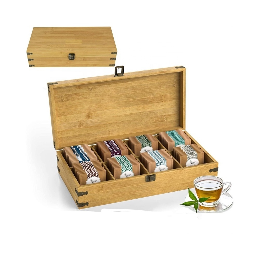 8 slot bamboo tea organizer box  big tall adjustable cubbies natural wooden storage chest for office storage for dad