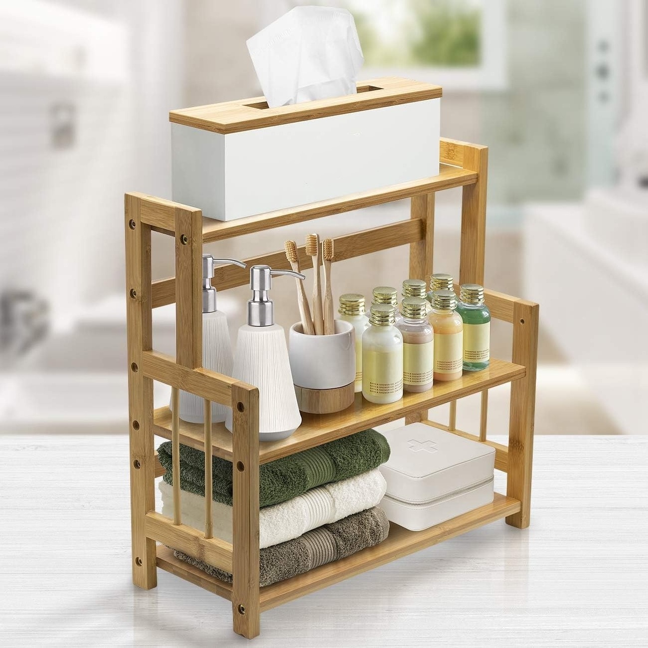 Huashen Bamboo Tiered Spice Rack Organizer - Countertop Spice Rack - Cupboard Pantry Standing pantry Shelf for Bathroom Kitchen