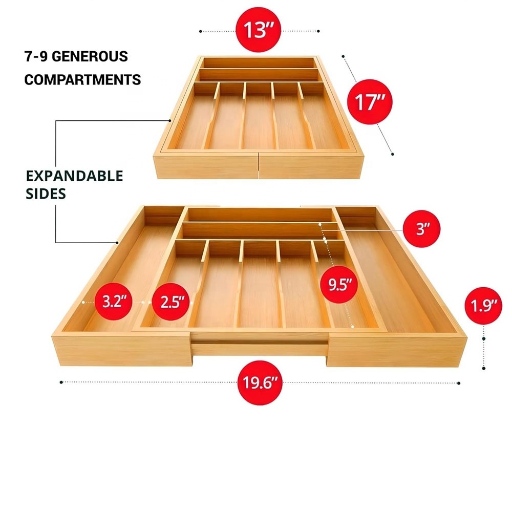 Expandable kitchen utensil trays Bamboo wood drawer organizer Kitchen Drawer Organizer with Reinforced Base