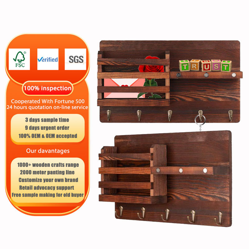 Huashen Wall Mounted Mail Holder Wooden Key Holder Rack Mail Sorter Organizer with 4 Double Key Hooks and A Floating Shelf