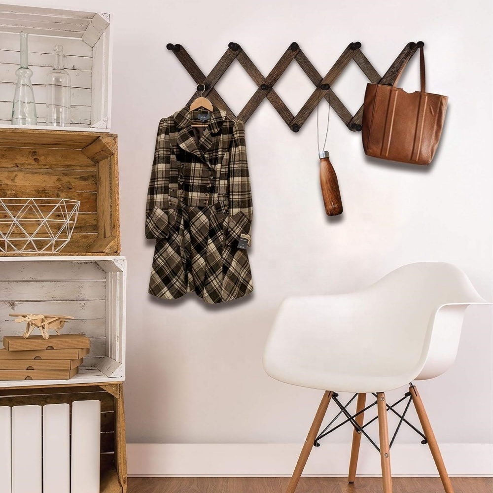 Expandable Wooden Coat Rack Hanger Accordion Wall Mounted  Hooks