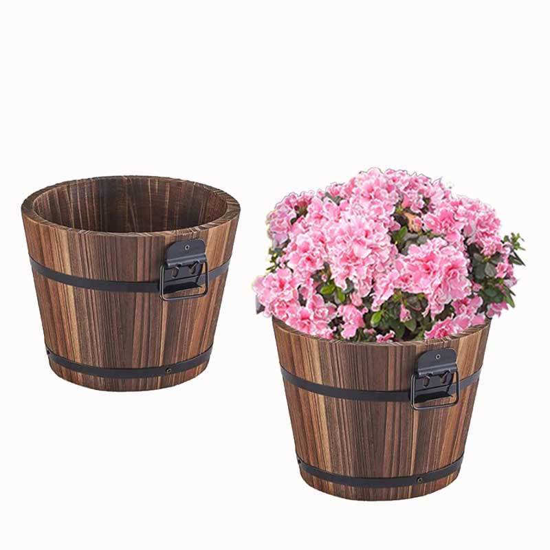 Wooden Planter Buckets Flower Planting Barrel Rustic Patio Planters Flower Pots Cedar Wood Natural for Plants Garden Outdoor