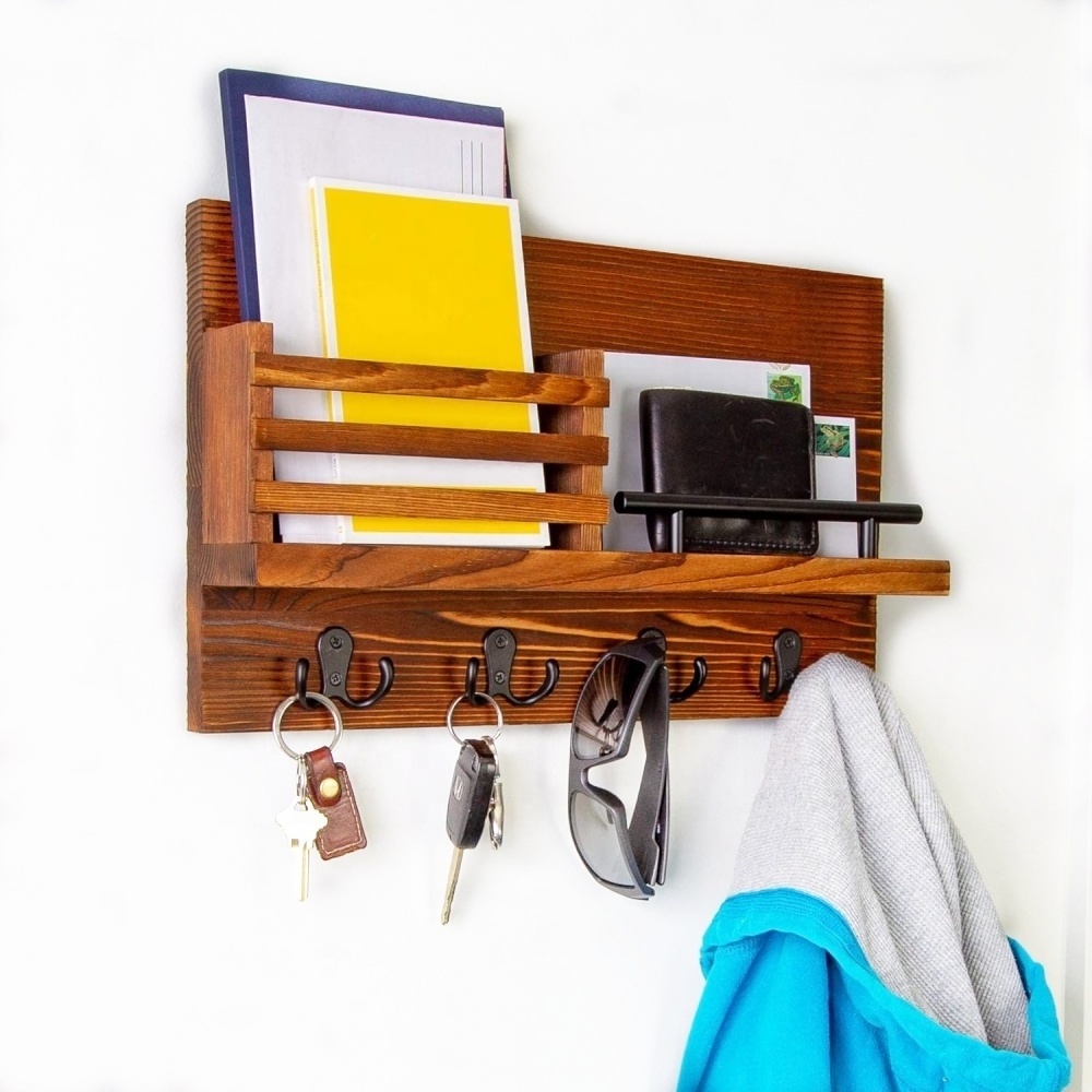 Key Holder for Wall and Mail Shelf Decorative Wooden Wall Organizer Rack for Keys, Letters