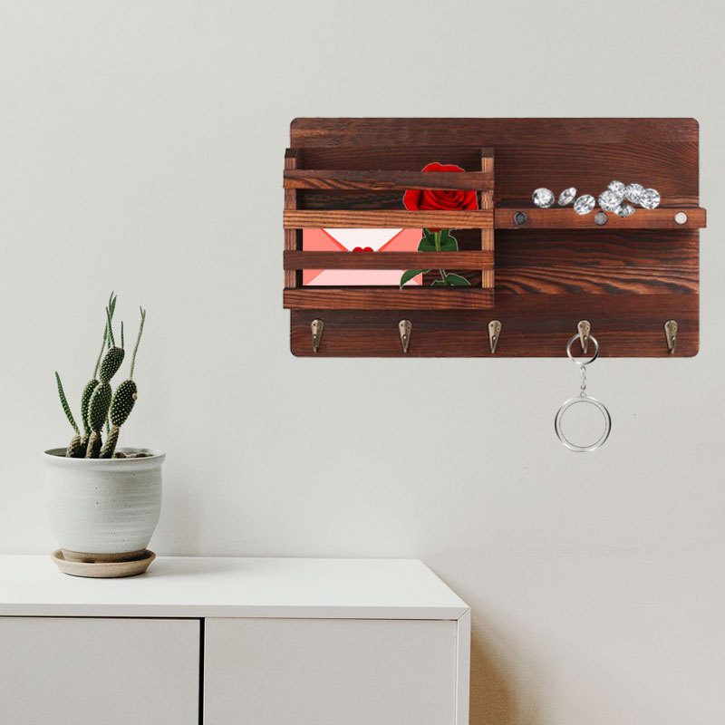 Huashen Wall Mounted Mail Holder Wooden Key Holder Rack Mail Sorter Organizer with 4 Double Key Hooks and A Floating Shelf