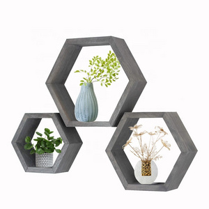 Hexagon Floating Shelves Set 3 Solid Hardwood Construction Honeycomb Shelves Rustic Wood Wall Decor for living room bed room