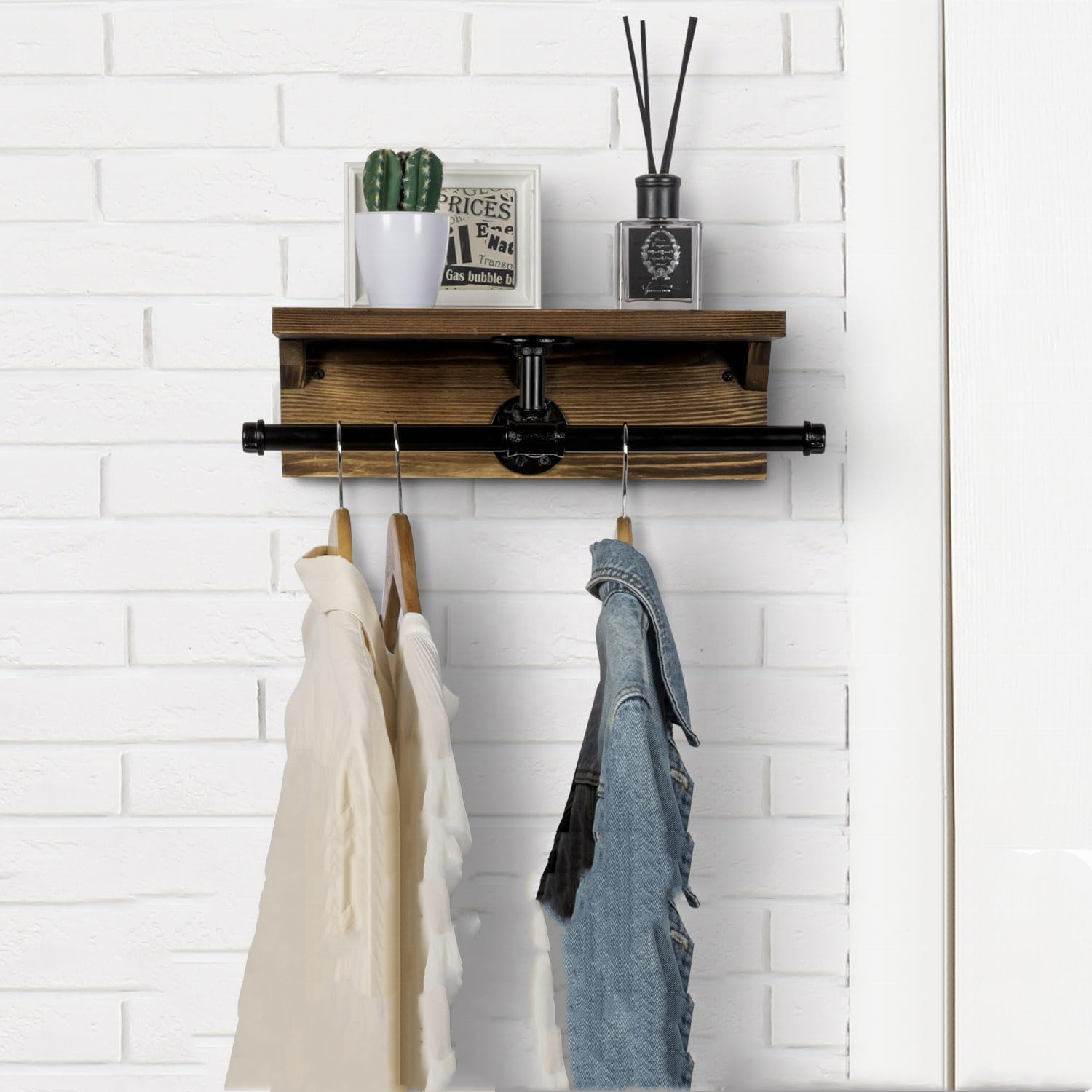 High quality modern design floating handmade wooden wall mounted metal coat rack with storage shelf wall