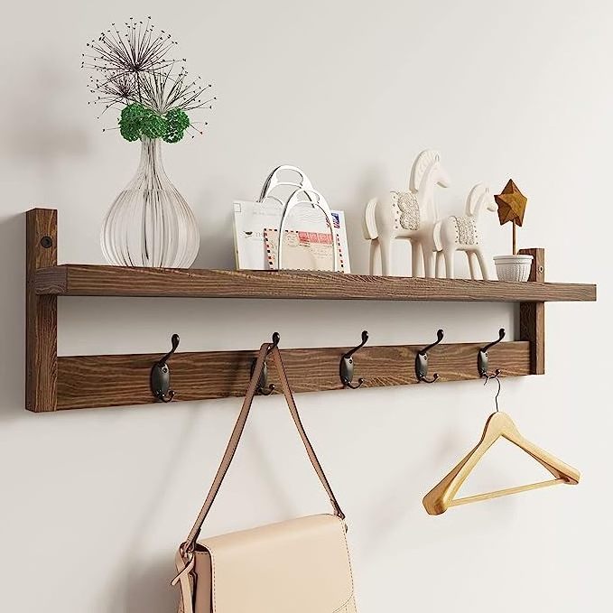 Wall Hooks with Shelf 28.9 Inch Length Entryway Wall Hanging Shelf Wood Coat Hooks .