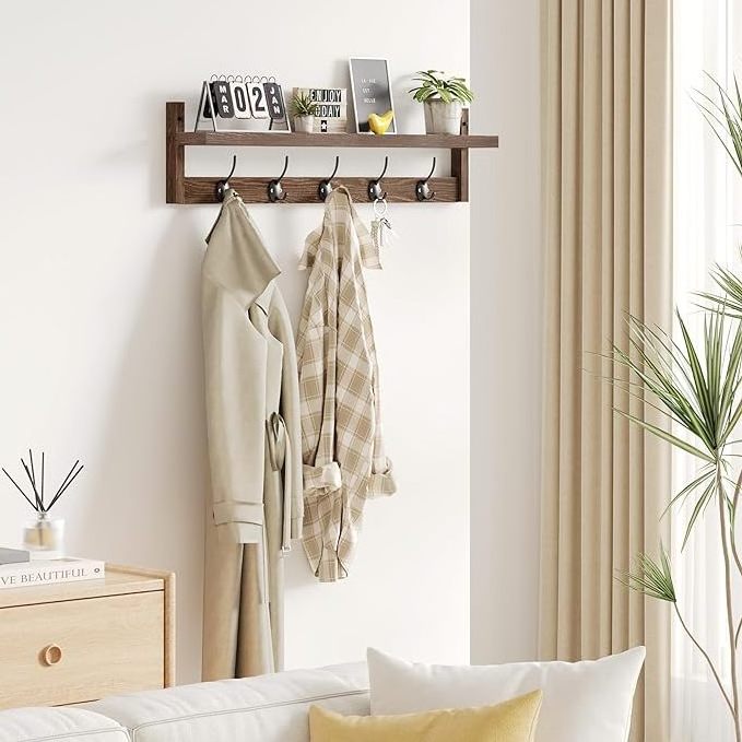 Wall Hooks with Shelf 28.9 Inch Length Entryway Wall Hanging Shelf Wood Coat Hooks .