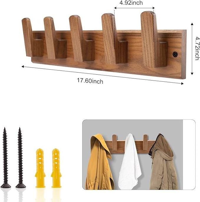 Wood Coat Rack Wall Mount with 5 Hooks, 17'' Hole to Hole Wall Coat Rack for Hanging Coat Jacket Backpack.