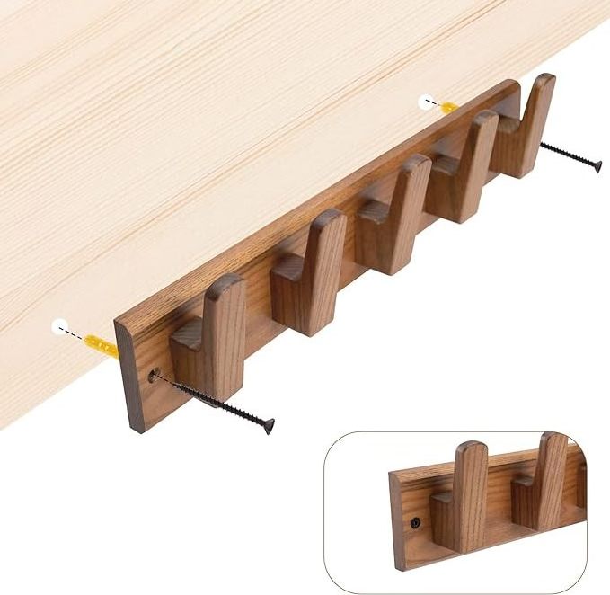 Wood Coat Rack Wall Mount with 5 Hooks, 17'' Hole to Hole Wall Coat Rack for Hanging Coat Jacket Backpack.