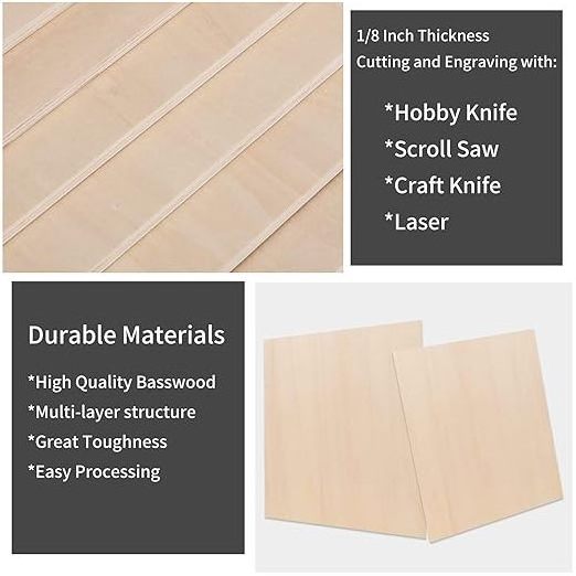 12-Pack 12x12x1/8 Inch Basswood Plywood Sheets 3mm Thin Unfinished Wood Board for Crafts Laser Cutting Engraving for Home Gifts