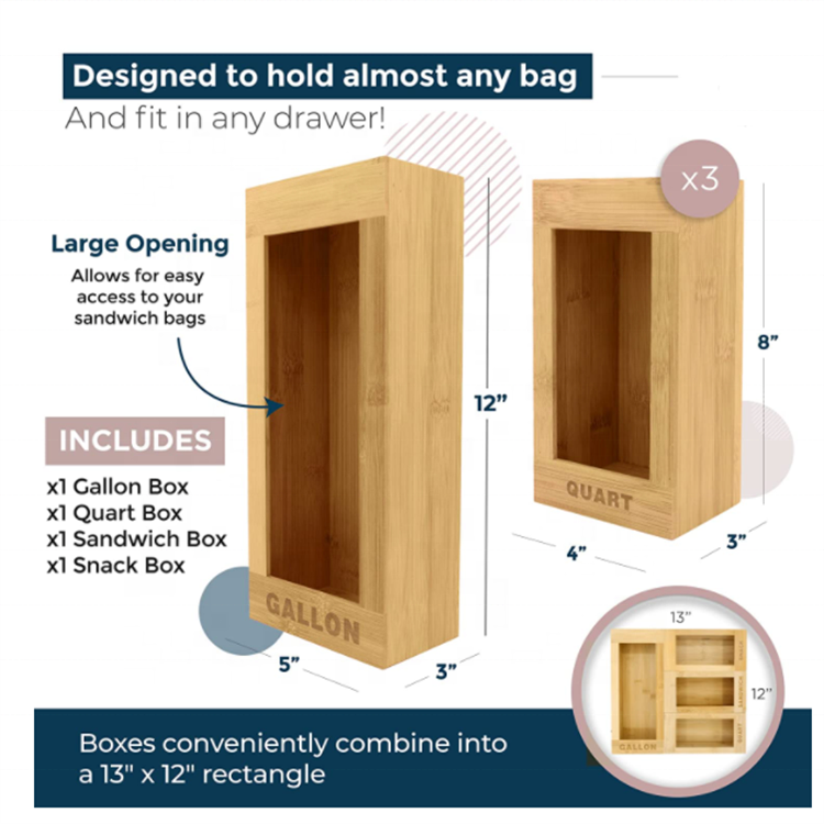 Set Of 4 Kitchen Bag Organizer Holders Make Up Craft Ziplock Storage Bamboo Wooden Box For Drawer