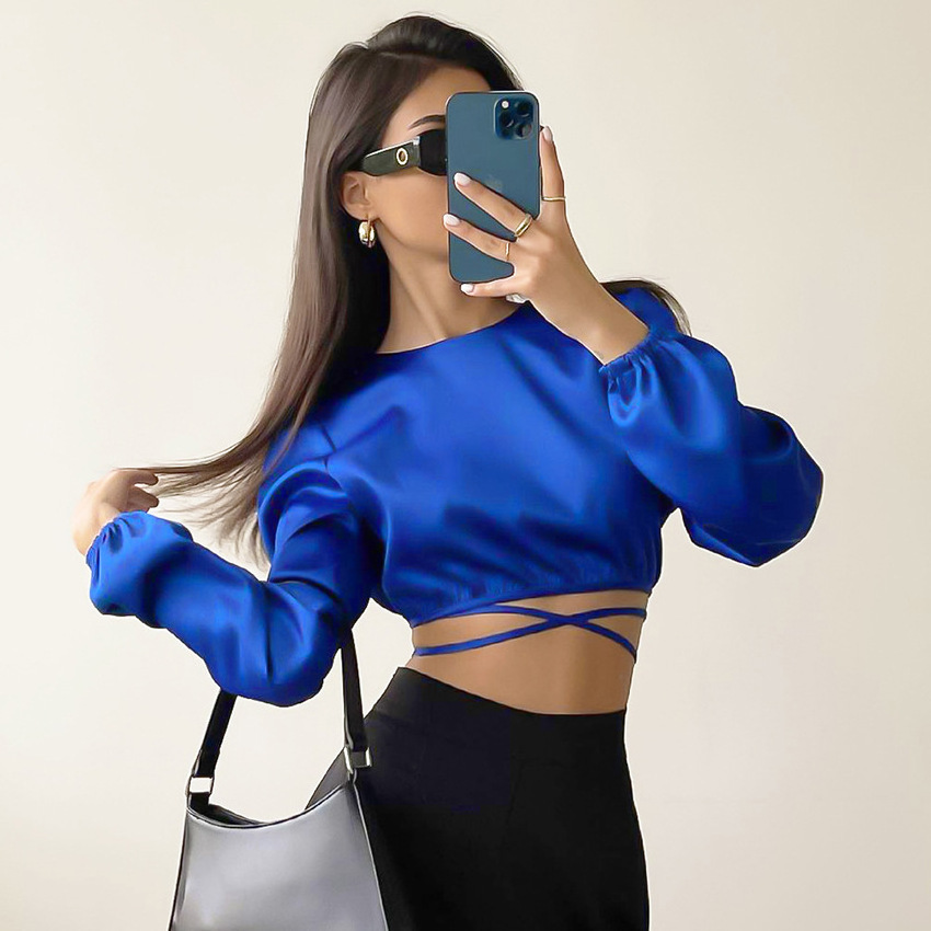 QS 2024 Summer new Klein blue short satin shirt women tops front and back wearable design