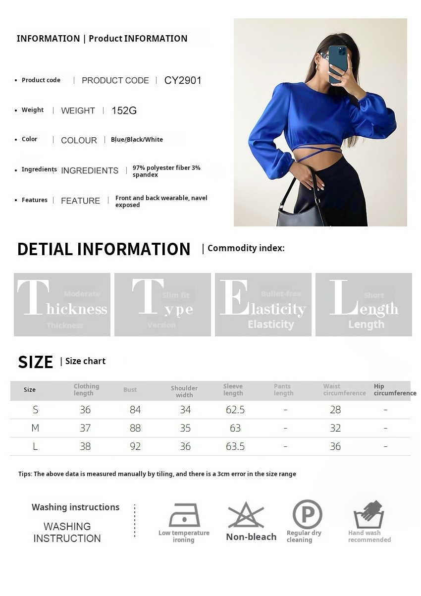 QS 2024 Summer new Klein blue short satin shirt women tops front and back wearable design