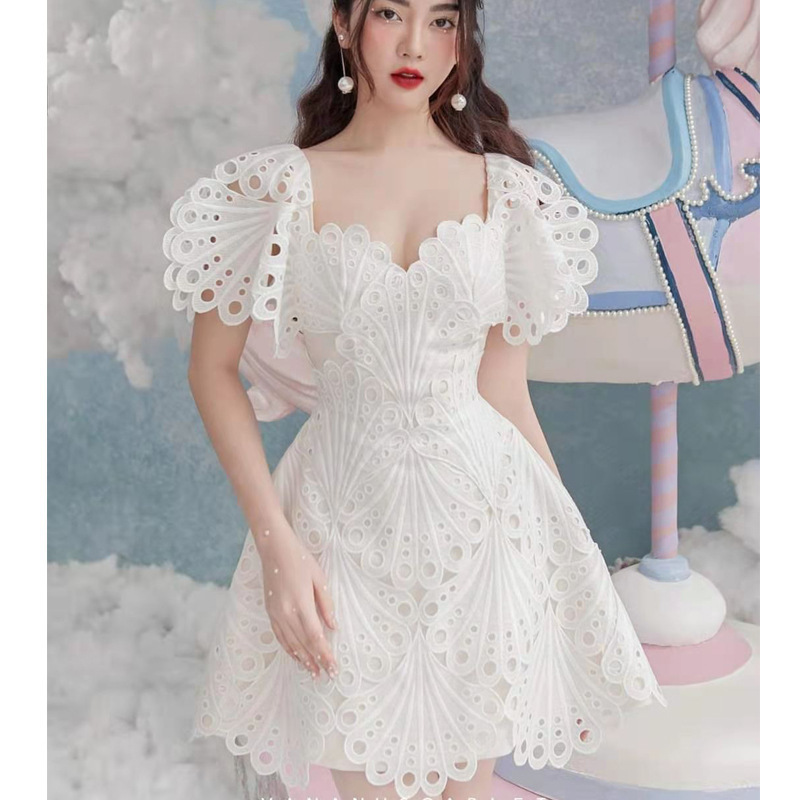 2022 Summer lace white refined handmade lace dress design high waist dress for women party dress