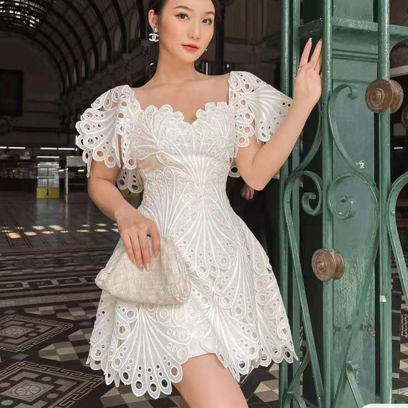 2022 Summer lace white refined handmade lace dress design high waist dress for women party dress