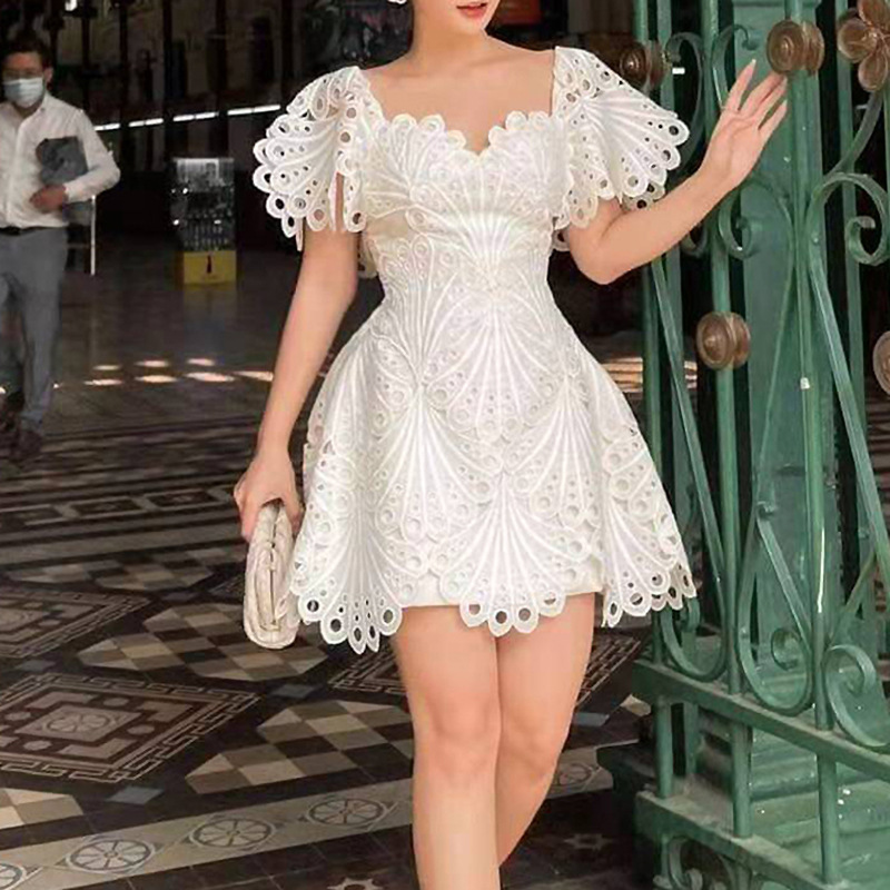 2022 Summer lace white refined handmade lace dress design high waist dress for women party dress