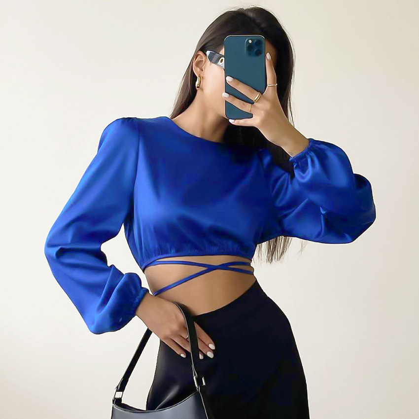 QS 2024 Summer new Klein blue short satin shirt women tops front and back wearable design