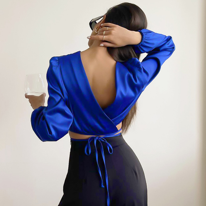 QS 2024 Summer new Klein blue short satin shirt women tops front and back wearable design