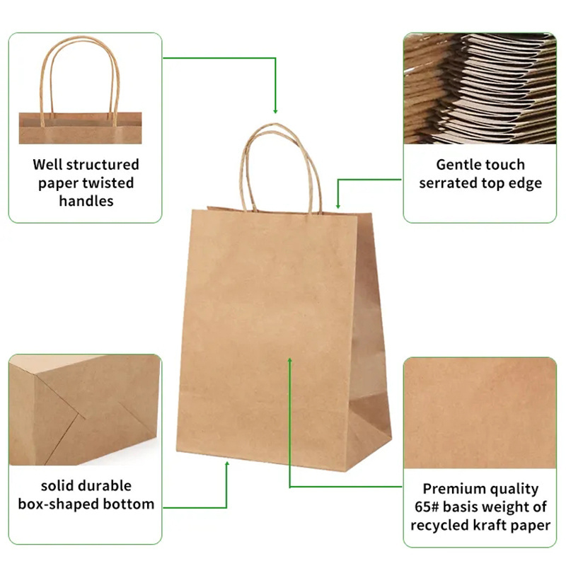 Eco-friendly recycled black white brown food takeaway packaging craft paper bag shop gift shopping kraft paper bag with handle