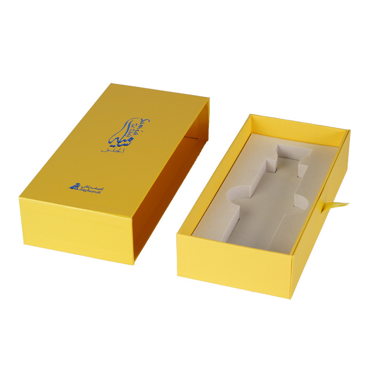 High quality yellow paper cardboard gift packing box custom logo insert fluted cosmetic sliding drawer paper boxes