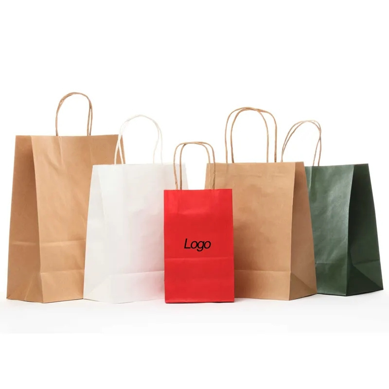 Custom print shopping gift boutique packaging paper bag black white brown takeaway kraft paper bag with logo for fast food