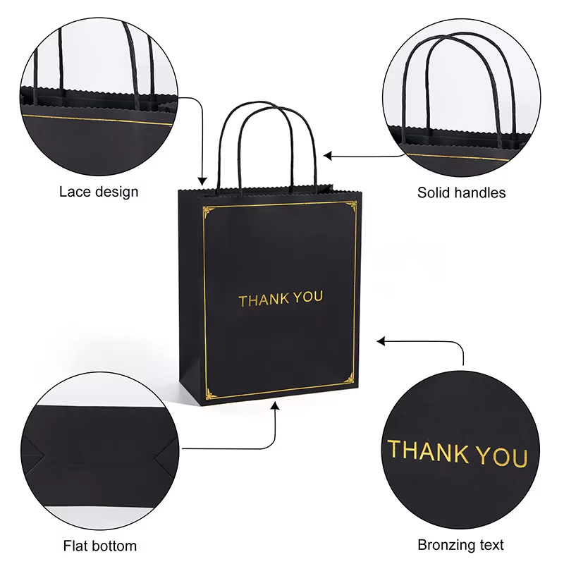 Luxury shopping gift packaging paper bag customised small gold foil print thank you gift kraft bags with handle