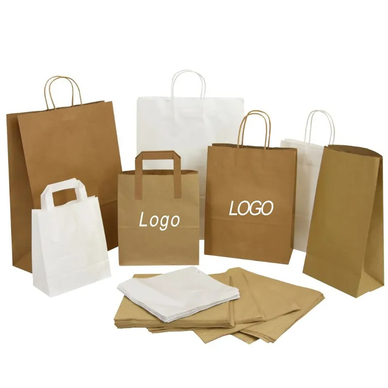 Custom print shopping gift boutique packaging paper bag black white brown takeaway kraft paper bag with logo for fast food