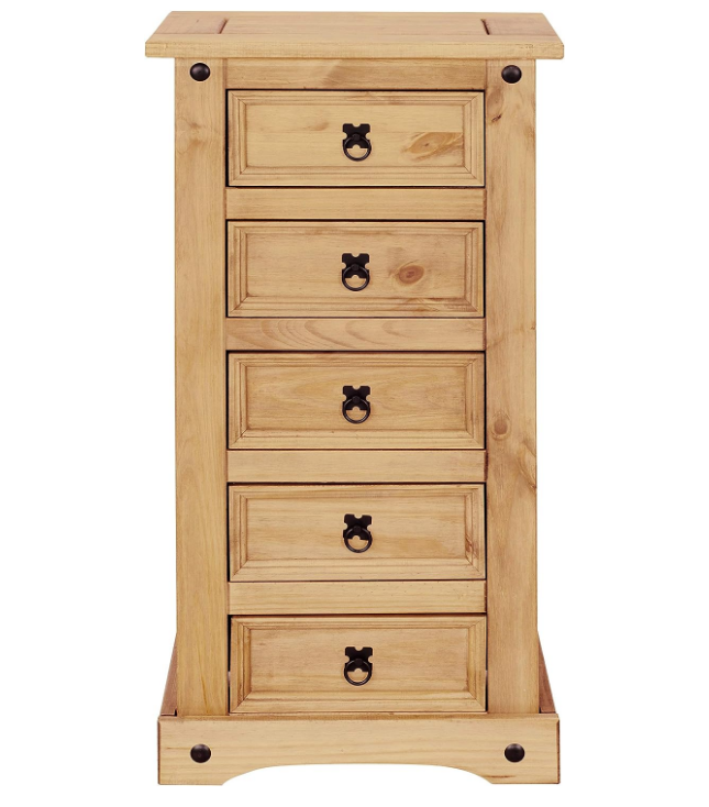 wooden natural sheesham wood narrow chest of drawers with 5 drawers