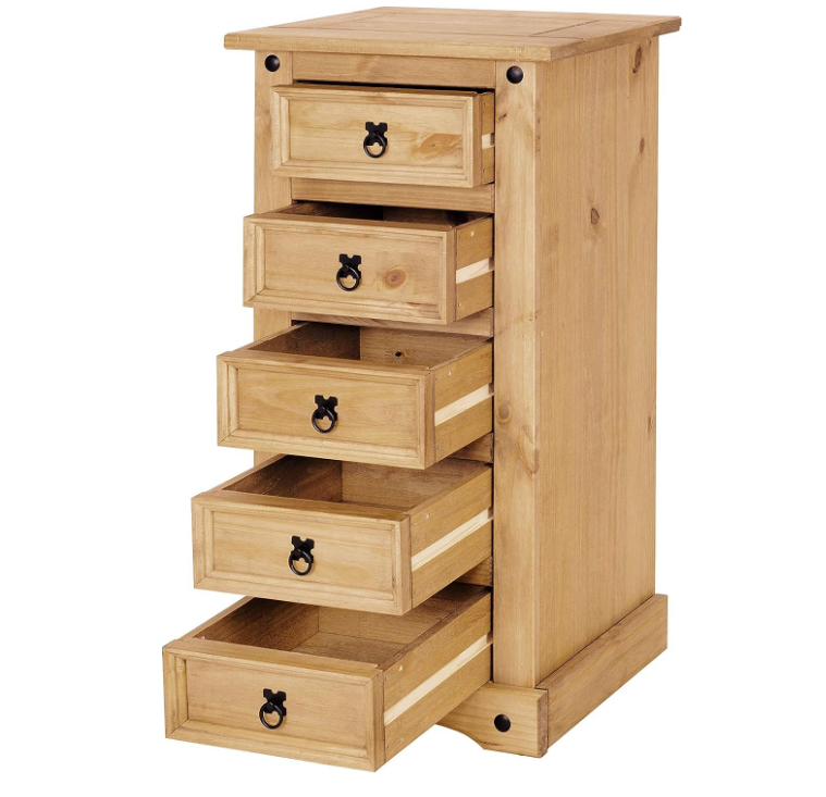 wooden natural sheesham wood narrow chest of drawers with 5 drawers