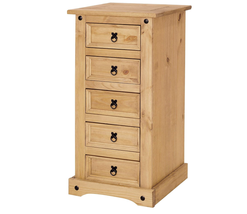 wooden natural sheesham wood narrow chest of drawers with 5 drawers