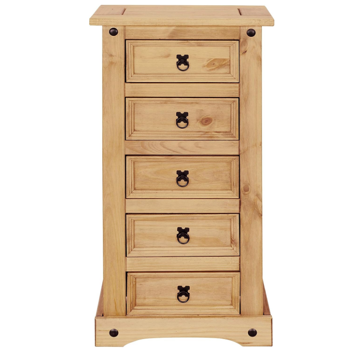 wooden natural sheesham wood narrow chest of drawers with 5 drawers