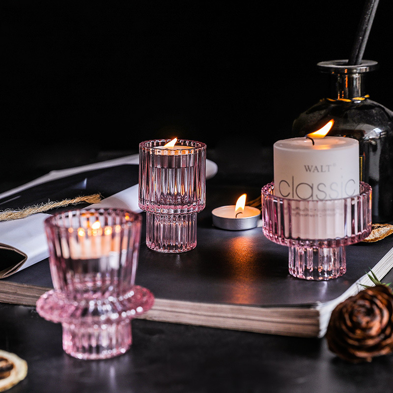 Pink Glass Taper Tea light Candle Holder Party Wedding Decoration Table Centerpiece Pillar Tealight Candle Holder Votive Candle