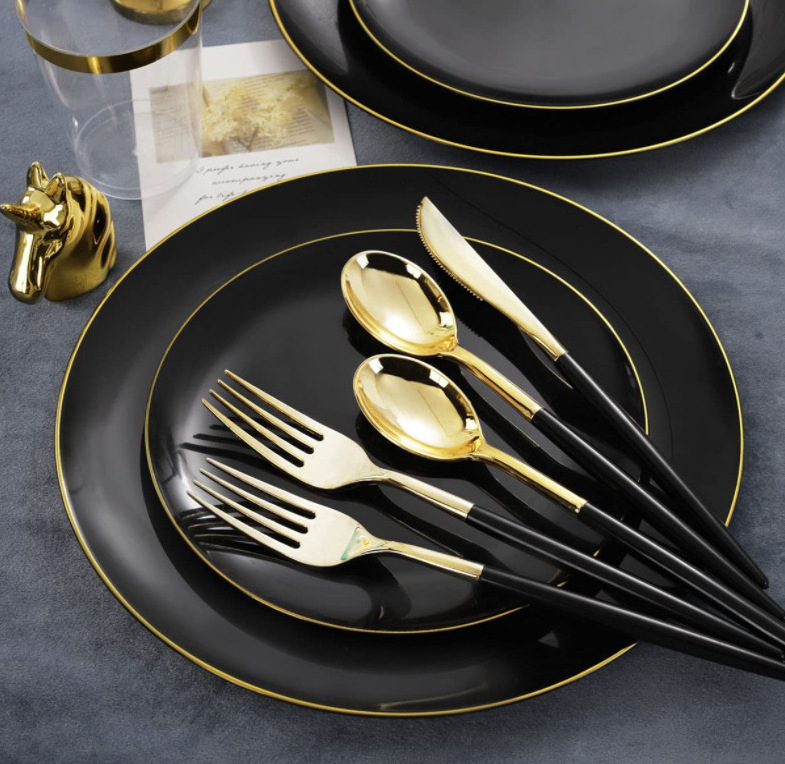 plastic event party plates plastic tableware set wedding dishes plastic dinnerware set Black Plastic Plates with Gold Rim