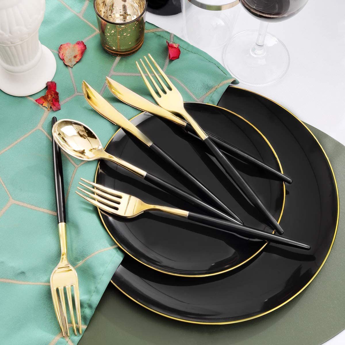 plastic event party plates plastic tableware set wedding dishes plastic dinnerware set Black Plastic Plates with Gold Rim