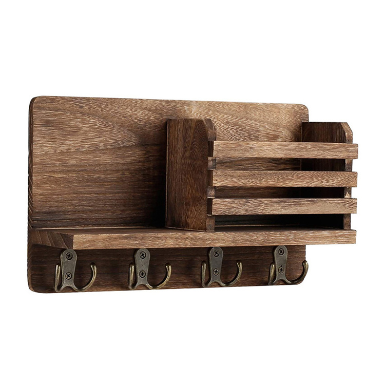 Wall mounted mail clip with 4 double key hooks and a floating shelf. Country home decoration for entrance or mud room, brown