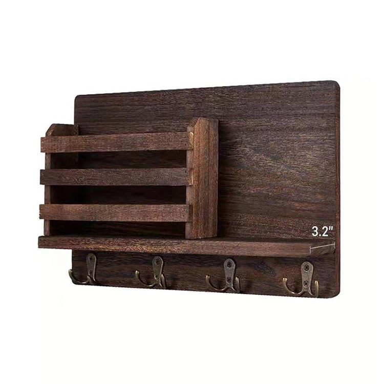 Wall mounted mail clip with 4 double key hooks and a floating shelf. Country home decoration for entrance or mud room, brown