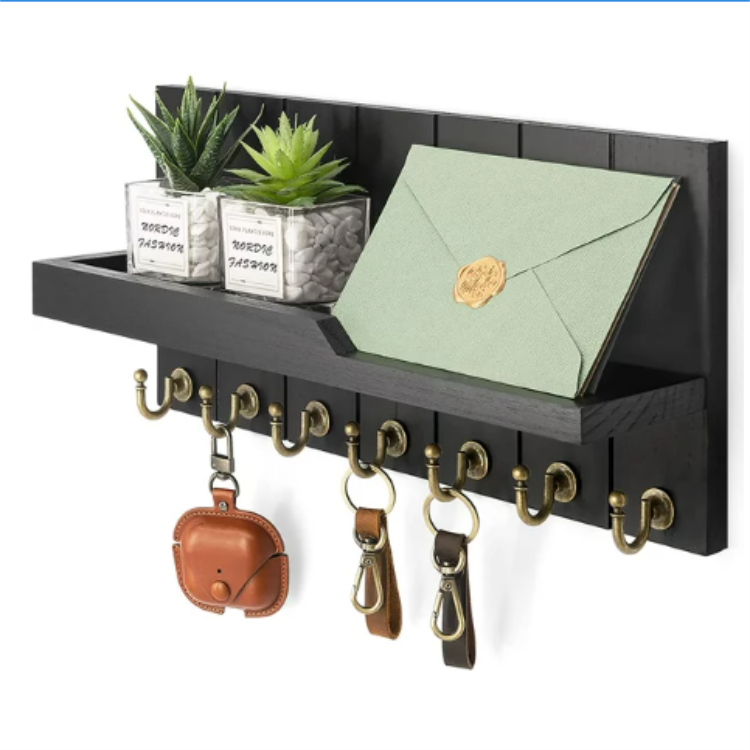 New design Key and Mail Holder for Wall  Floating Shelf with 7 Sturdy Key Hooks Entryway Wall Decor