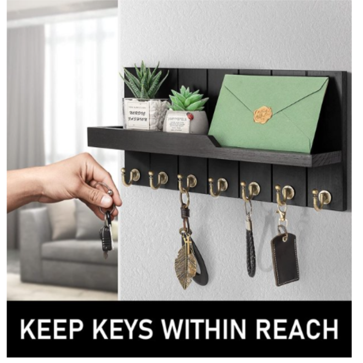 New design Key and Mail Holder for Wall  Floating Shelf with 7 Sturdy Key Hooks Entryway Wall Decor